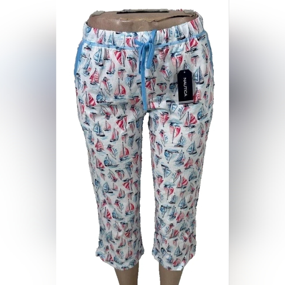 NEW Nautica Pajama Pants Size S Sailboat Print White Elastic Waist Cotton NWT